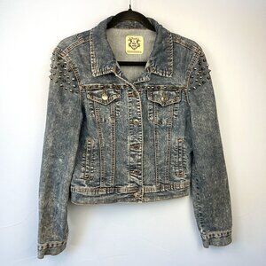 Studded Spikes Acid Wash Denim Cropped Jean Jacket Size L Punk Streetwear Edgy